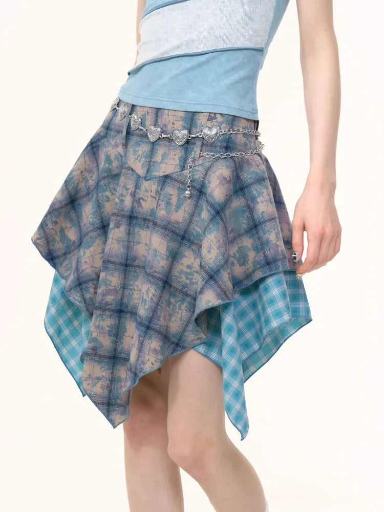 Lunivop  Irregular Patchwork Tie Dye Blue Plaid Skirts 2025 Summer New Skirt for Women Y2k High Waist Ruffles Faldas Sexy Mujer