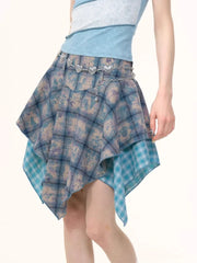 Lunivop  Irregular Patchwork Tie Dye Blue Plaid Skirts 2025 Summer New Skirt for Women Y2k High Waist Ruffles Faldas Sexy Mujer