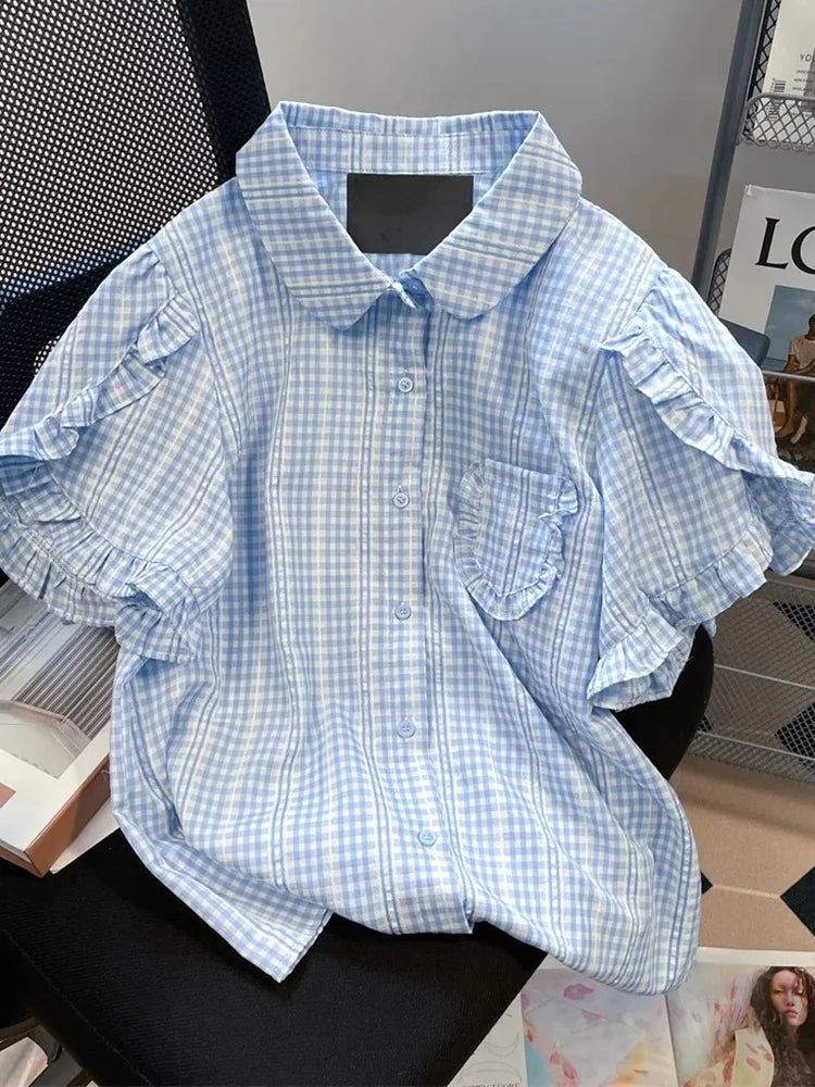 Lunivop  Ruffles Sweet Plaid Shirt Women Loose Puffy Sleeve Cute Blouse Korean Vintage Casual Summer Elegant Female Retro Design Top