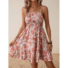 Lunivop  Women's Floral Print Spaghetti Strap Dress Smocked Waist Ruffle Hem Mini Dress