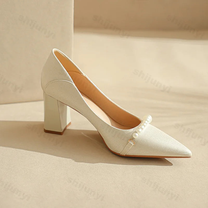 Lunivop Fashion Pointed Pearl High Heels Shoes Women White Wedding Shoes Thick High Heels Party Pumps Woman Footwear Zapatos De Mujer