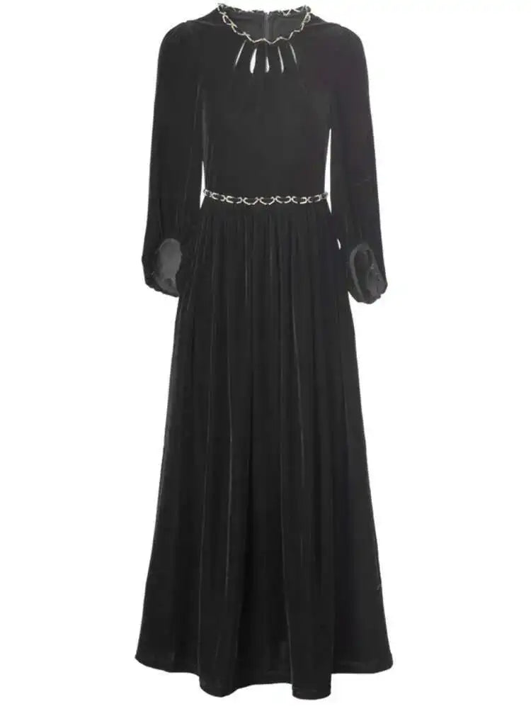 Lunivop Elegant Women's Long Solid Round Neck Chains Hollow Out Dresses Slim High Waist Patchwork Dress  Autumn 2025 New