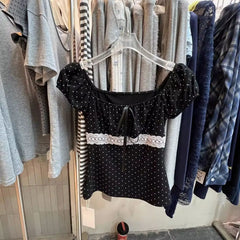 Lunivop  New Sweet Spice Girls Lace Patchwork Vests Polka Dot Square Collar Puff Sleeve Tanks Slim Exquisite Minority Fresh Camis