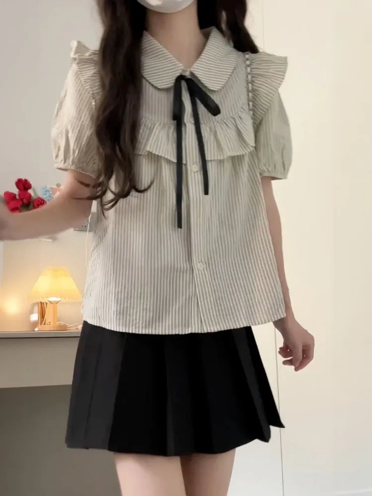 Lunivop  Preppy Style Peter Pan Collar Ruffles Puff Sleeve Shirts  Women+ High Waist Ruched Skirts Summer New Two Piece Sets