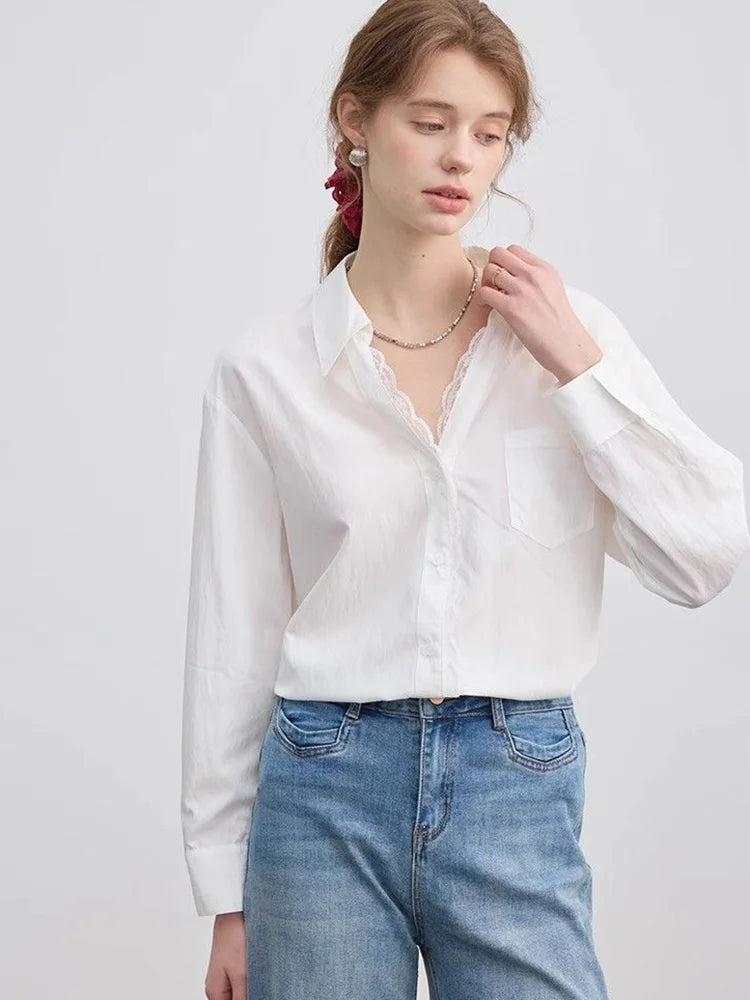 Lunivop Lace Patchwork White Shirt Women Elegant Long Sleeve Vintage Blouse American Casual Autumn Female Sweet Pocket Retro Tops