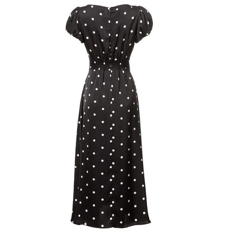 Lunivop  Fashion Women Dress Short Sleeve V Neck Lace Patchwork Polka Dot Print Female Party Dresses New Tide