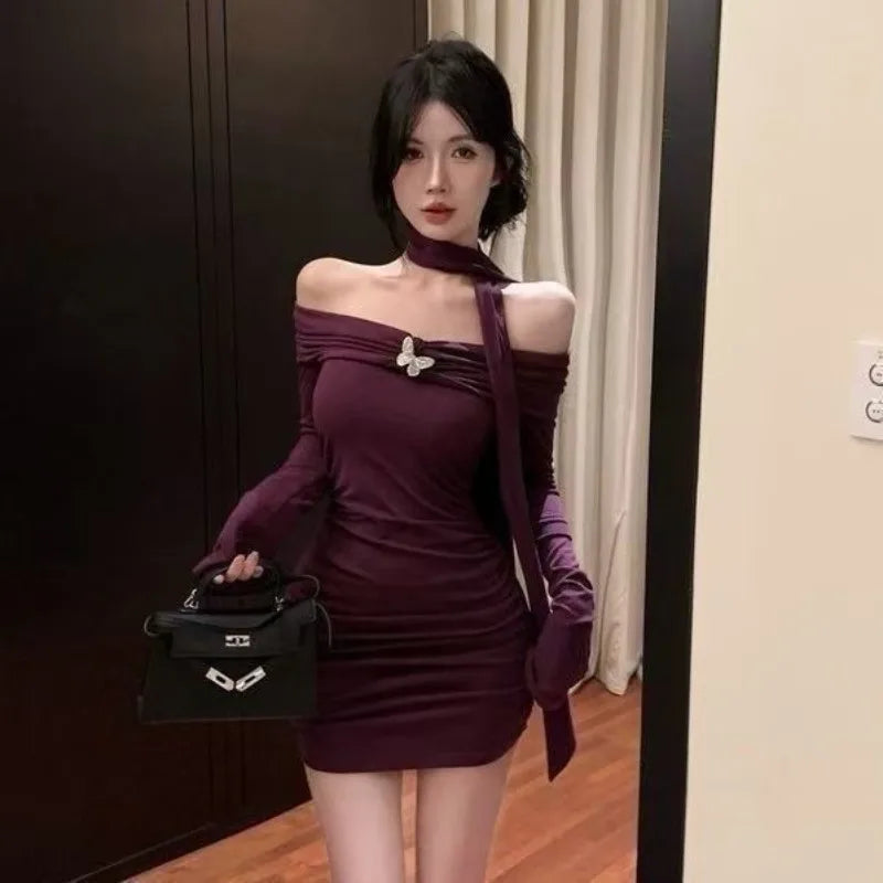 Lunivop  Y2k Sexy Off Shoulder Halter Dresses Spring Summer New Long Sleeve Vestidos De Mujer Slim Waist Bodycon Dress for Women