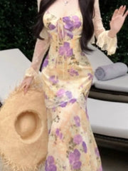 Lunivop Summer Female Two-Piece Dress Set Sweet Fishtail Strap Dress V-neck Sleeveless Woman Floral Through Lace Cardigans New