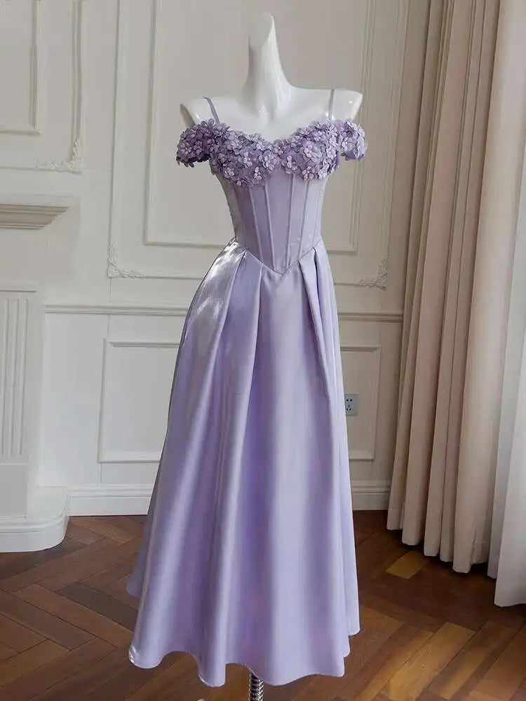 Lunivop Solid Flower Spliced Long Dresses For Women Slash Collar High Waist Sleeveless Elegant Dress Female 2025 Clothing