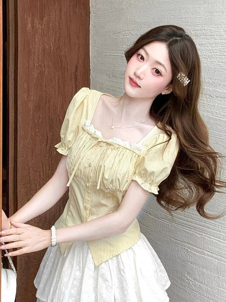 Lunivop  Sweet Yellow Striped Shirt Women Casual Vintage Square Collar Slim Blouse Korean Preppy Style Puffy Sleeve Elegant Tops New