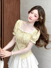 Lunivop  Sweet Yellow Striped Shirt Women Casual Vintage Square Collar Slim Blouse Korean Preppy Style Puffy Sleeve Elegant Tops New