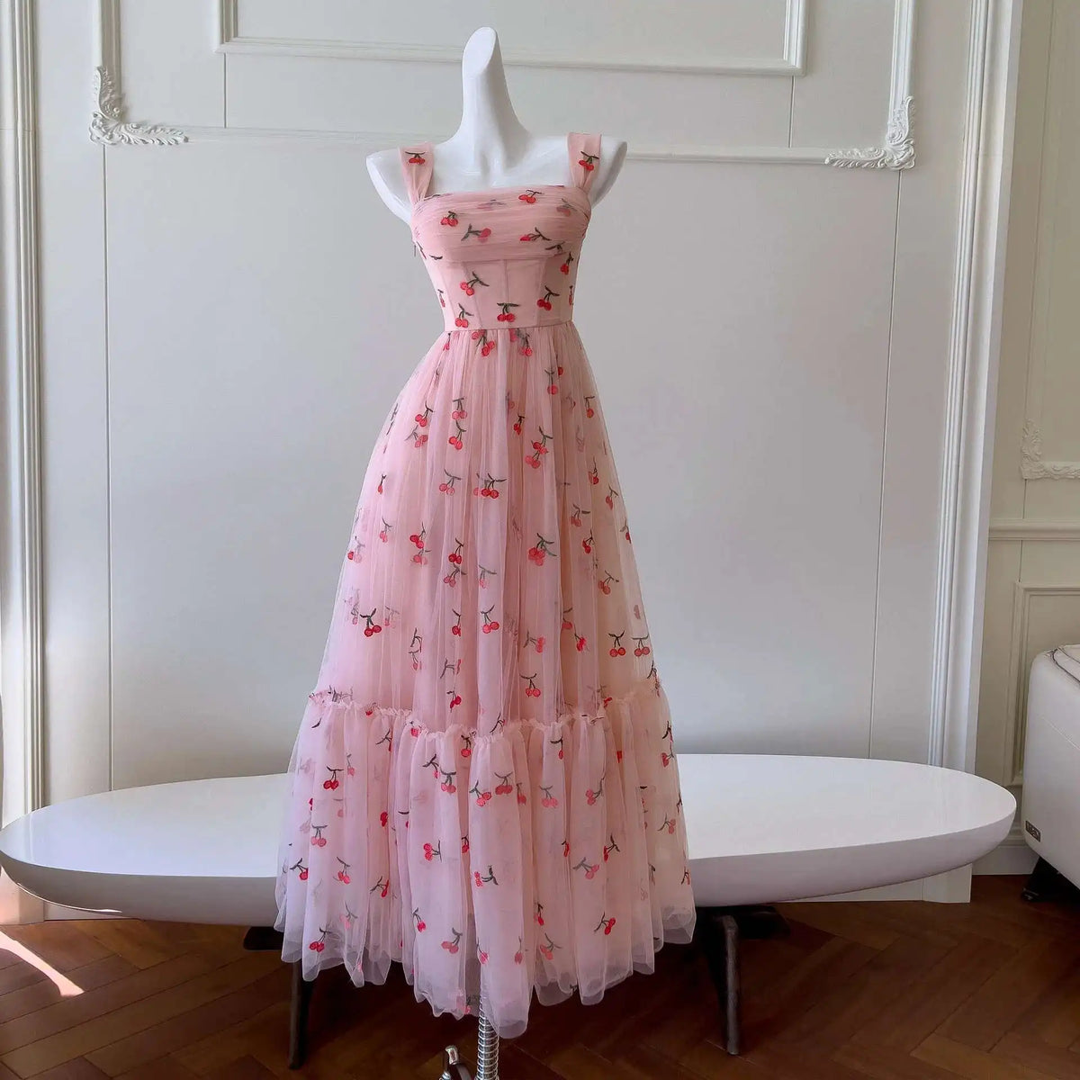 Lunivop  2025 Spring And Summer New Cherry Embroidery Dreamy Women Dress Tulle Fabric Sleeveless Elegant Dresses Female