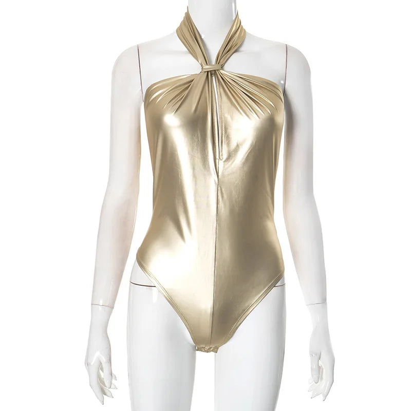 Lunivop Metallic Gold Halter Backless Bodysuit Tops Women Y2K Clothing Sexy Leotard Clubwear Rave Oufits One Piece Body Suit