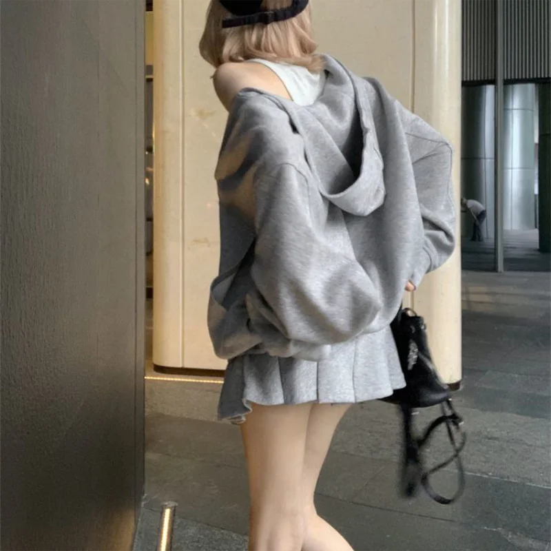 Lunivop Casual Hooded Pullover Top Women Y2K V-neck Hoodies Solid Harajuku Long Sleeve Hoodie Oversized Tops Female Loose Clothing