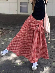 Lunivop  Vintage Red Plaid Long Skirts Women Sweet Bow High Waist A Line Skirt Vintage Korean Loose Casual Design Female Skirt New