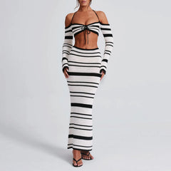 Lunivop  Knit Stripe Women 2 Piece Set Halter Slash Neck Lace Up Long Sleeve Tops and Maxi Skirts Sexy Mujer Club Midnight Suit