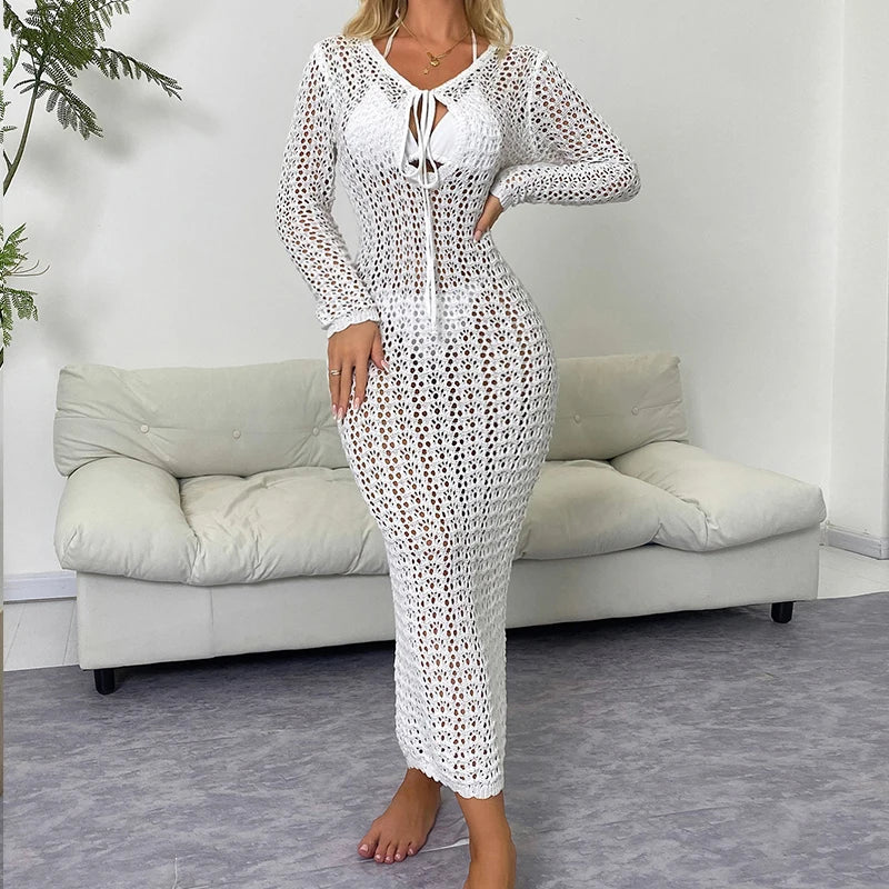 Lunivop  Women's Beach Holiday Long Sleeve Tie Up Sunscreen Smock Knitting Solid Color Beachwear Cover Up Elegant Hollow Out Long Dress