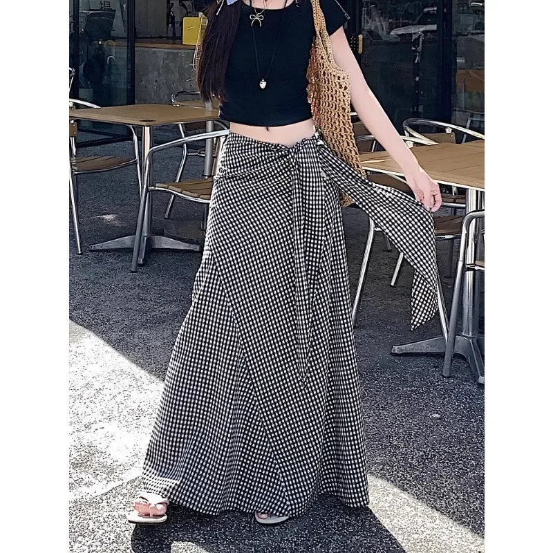 Lunivop Streetwear Contrast Color Plaid Casual Mid-length Skirt Women Summer New High Waist Pleated Lace Up Loose A-line Skirt