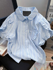 Lunivop  Ruffles Sweet Plaid Shirt Women Loose Puffy Sleeve Cute Blouse Korean Vintage Casual Summer Elegant Female Retro Design Top