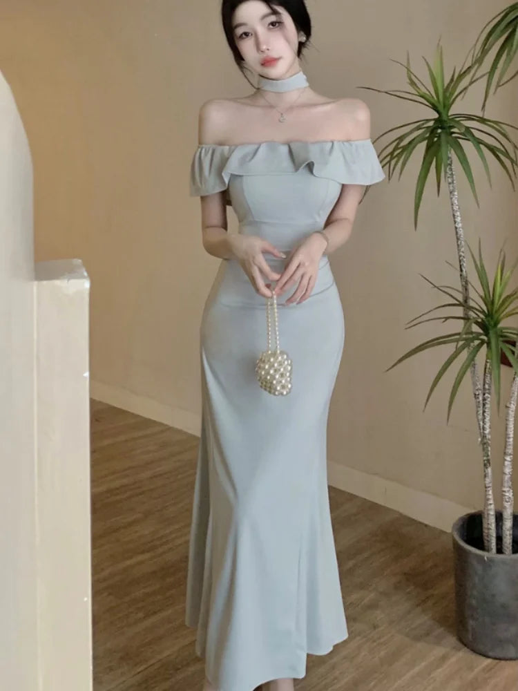 Lunivop Sexy Solid Off Shoulder Mermaid Dresses Summer Slim Waist Vestidos Mujer Elegant Ruffles Slash Neck Bodycon Evening Party Dress