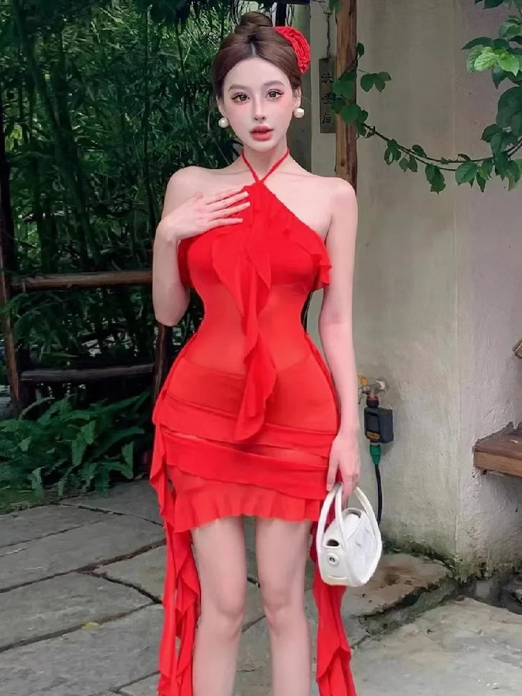 Lunivop  Sexy Dresses Women Irregular Ruffles Sleeveless Halter Mesh Patchwork Slim Backless Elegant Dress Party Female Holiday