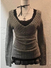 Lunivop  Casual All-match V-neck Gray Knitted Pullover Autumn New Bottoming Tops Women Y2k Slim Fit Long Sleeve Sweaters Mujer