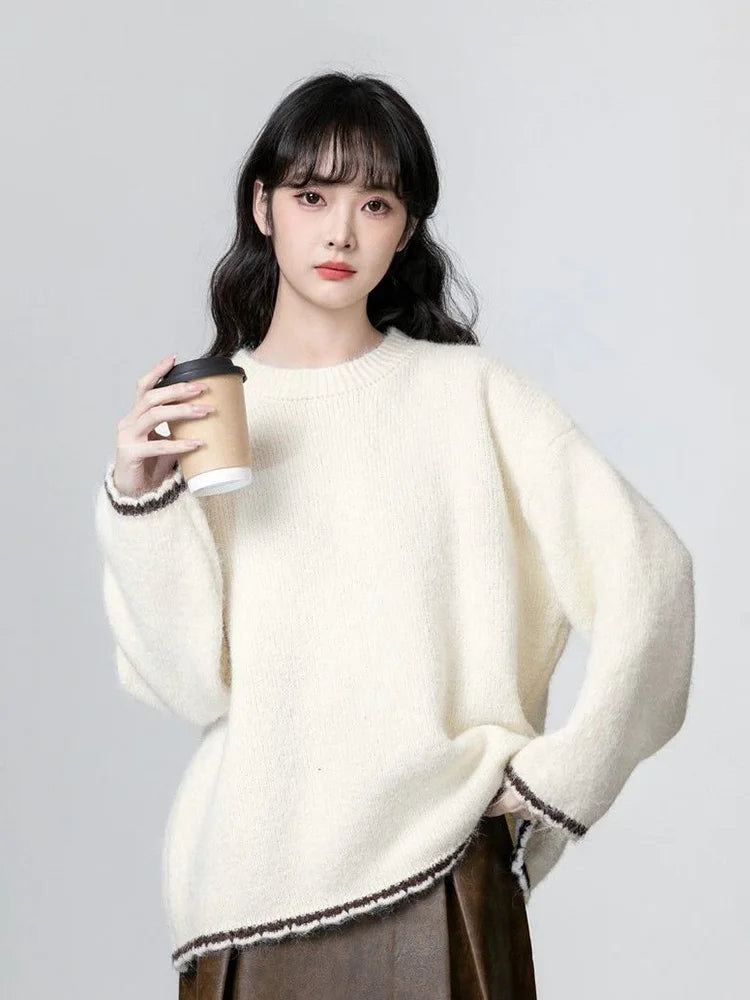 Lunivop Cute Retro Green Sweaters Women Preppy Style Loose O Neck Long Sleeve Knitted Jumper Japan Vintage Sweet Female Simple Pullovers
