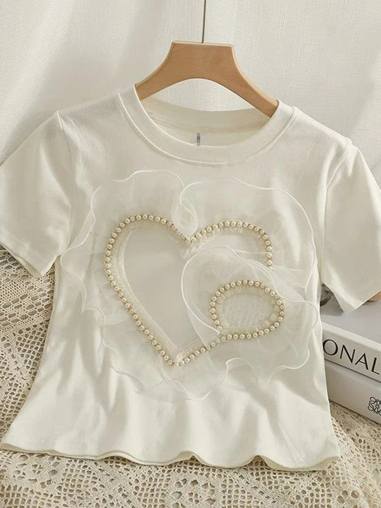 Lunivop  Sweet Love Cute T Shirt Women Casual Loose O Neck Mesh Patchwork Tees Vintage Kawaii Female Short Sleeve White Tops Summer