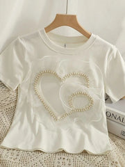 Lunivop  Sweet Love Cute T Shirt Women Casual Loose O Neck Mesh Patchwork Tees Vintage Kawaii Female Short Sleeve White Tops Summer
