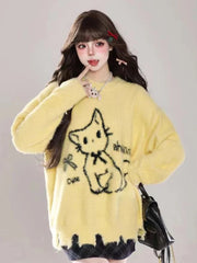 Lunivop Kawaii Hole Sweet Sweaters Women Vintage Faux Mink Cashmere Cartoon Knitted Jumper Preppy Style Cute Japan Lazy Wind Tops