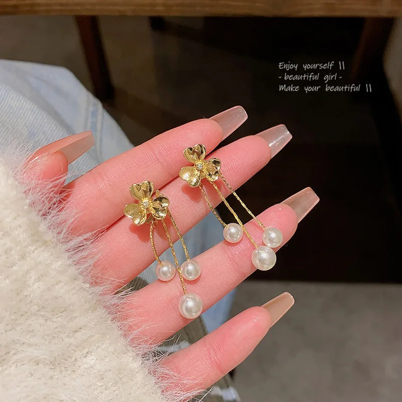 Lunivop New Trendy Golden Flower Pearl Long Tassel Earrings For Women Exquisite Alloy Needle Sweet Elegant Party Wedding Jewelry Gifts