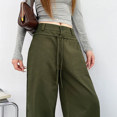 Lunivop  Army Green Wide Leg Jeans for Women American Street Lace-Up Washed Denim Pants Woman Harajuku Fashion Baggy Trousers Female