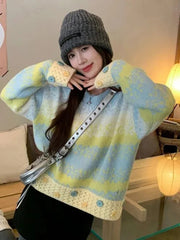Lunivop Hole Y2K Gradient Striped Sweater Women Vintage Preppy Style Long Sleeve Knitted Pullovers Casual O Neck Buttons Sweet Jumper