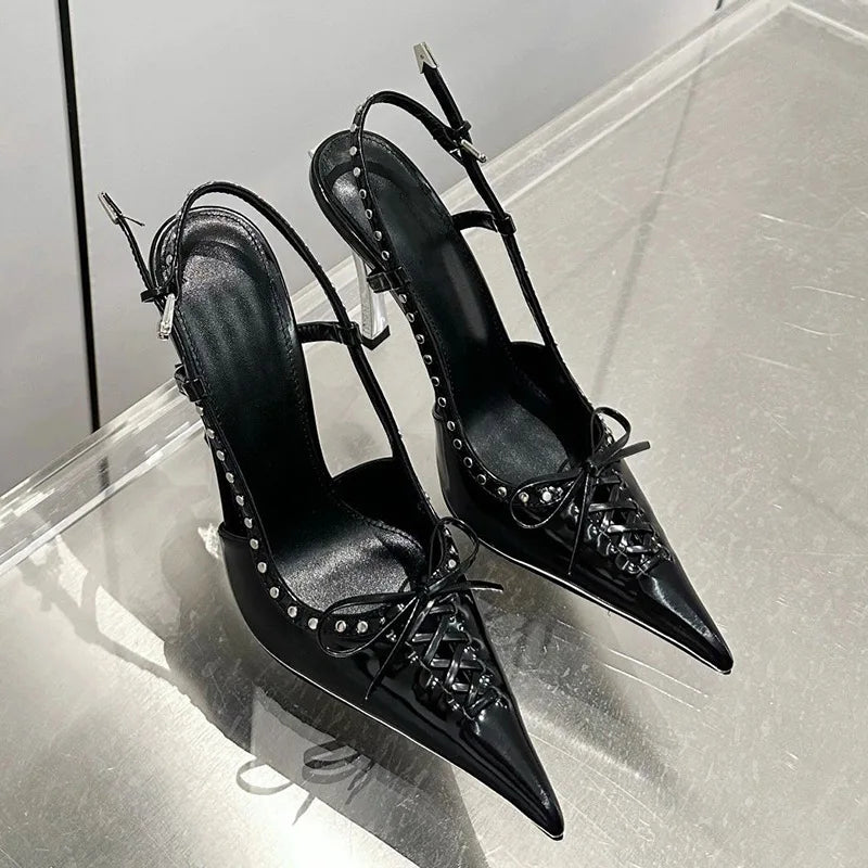 Lunivop  Large Size Metal Embellished Butterfly Knot Hollow out Rivet Toe Strappy Sandals European Style Sharp Pointed Toe Platform Sl...