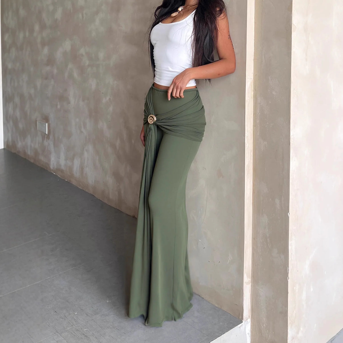 Lunivop  New Fashion Metal Accessory Bag Hip Skirts Soid Color Green Sexy Low Waist Tight Long Skirts Women Clothing Party