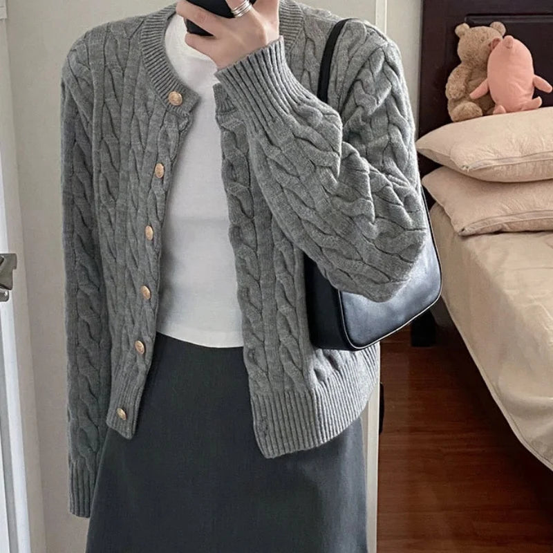 Lunivop Vintage Long Sleeve Cardigan Women Sweater O-neck Elegant Knitted Top Fashion Autumn Grey Knitwear