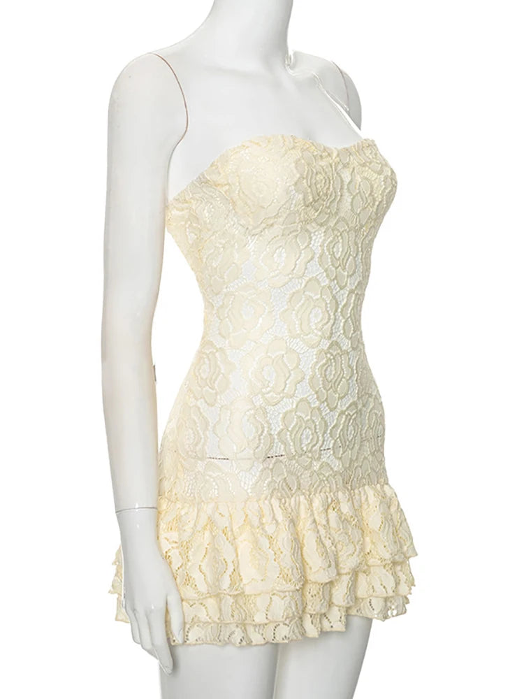 Lunivop Sexy Strapless Print Floral Lace Women Dress Yellow See Through High Waist Dress Female Summer Skinny Elegant Streetwear