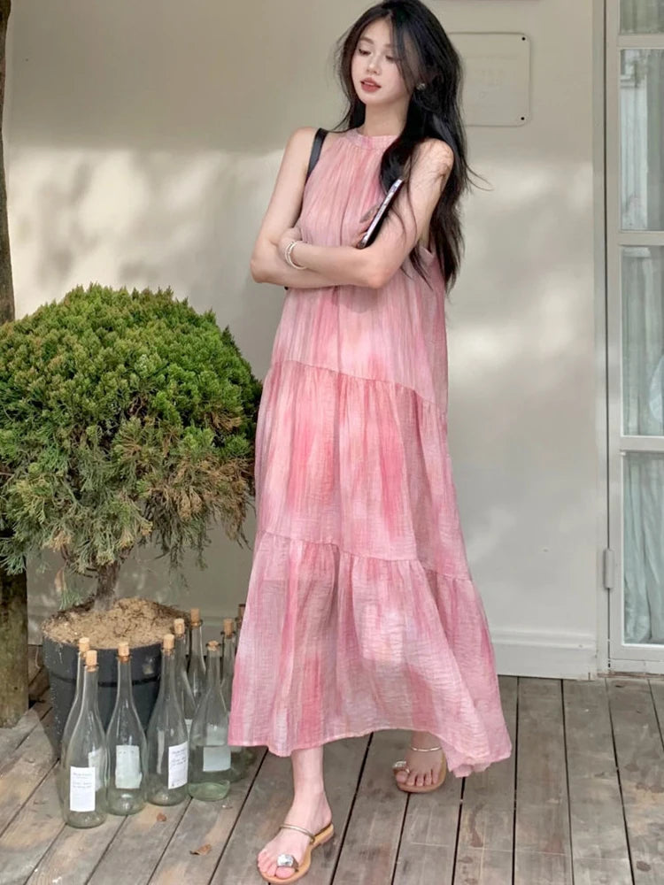 Lunivop  Pink Tie Dye Beach Long Dress Women Elegant Casual Sleeveless Sweet Tanks Dress Casual Vintage Summer Lady Loose Long Dress