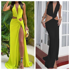 Lunivop  Summer New Women's Fashion and Sexy European and American Style V-neck Hollow Slim Fit Split Sleeveless Long Dress