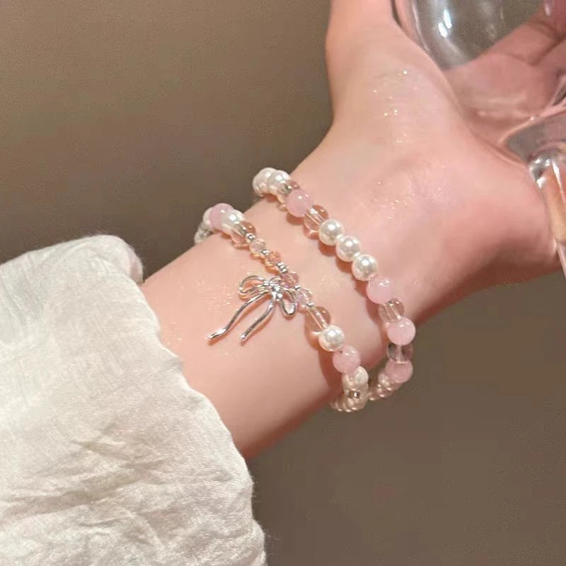 Lunivop Y2k Sweet Korean Cute Pink Beaded Imitation Pearl Bracelet For Women Girl Elegant Charm Bowknot Bow Jewelry Female Party Gifts