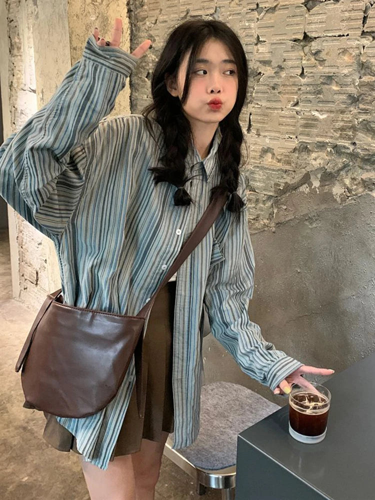 Lunivop Striped Loose Retro Shirts Women Casual Preppy Style Long Sleeve Blouse Vintage Female Pockets All Match Spring Korean Tops