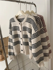 Lunivop Women Cardigan Sweater Striped Crew Neck Button-up Sweater Jacket Comfy Cozy Slouchy Cardi Autumn Winter French Chic Outfit