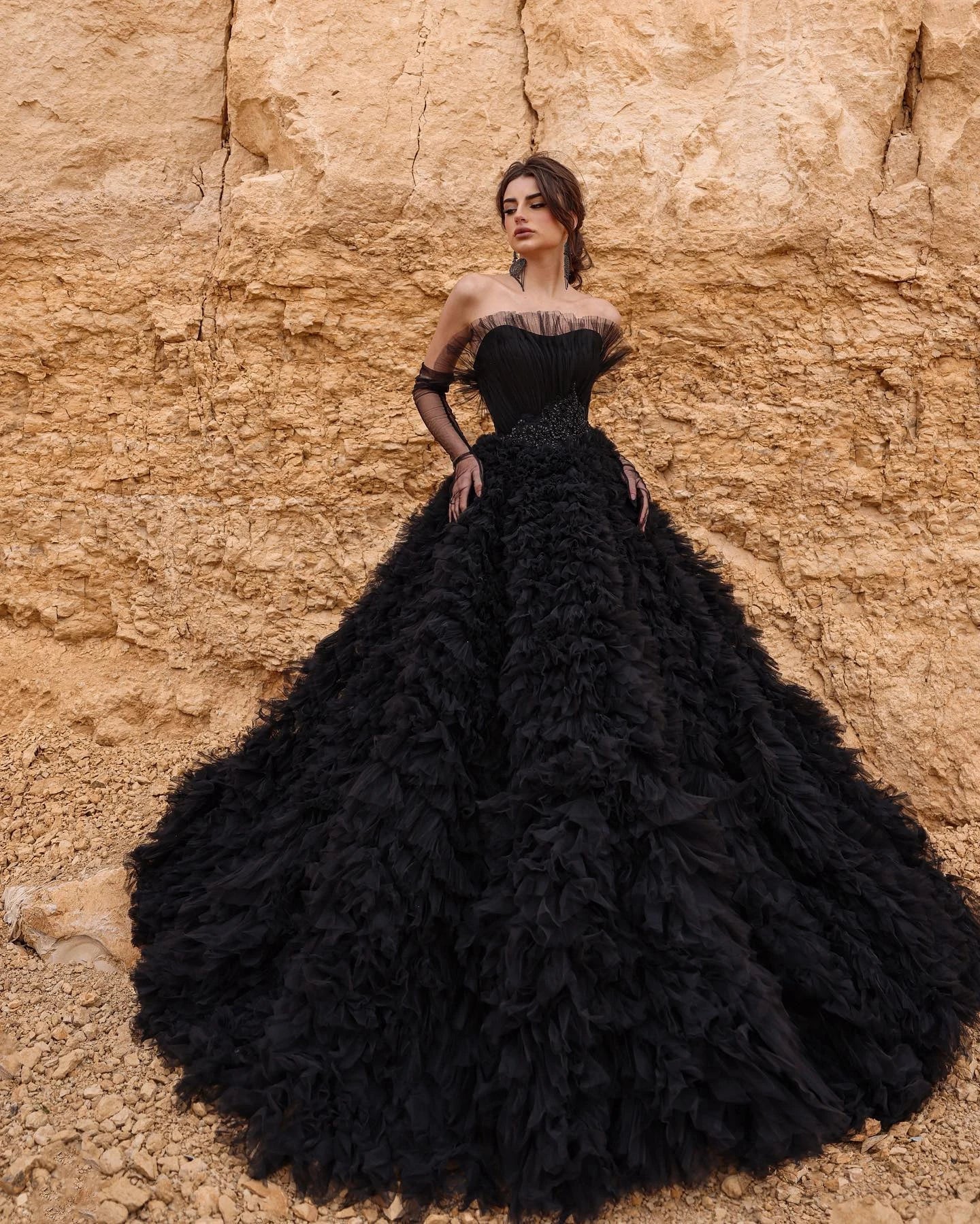 Lunivop Strapless Black Tulle Ball Gown Ruffled Layered Custom Floor Length Woman Evening Dresses Custom Made Plus Size Wedding Dresses