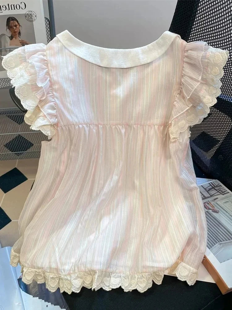 Lunivop  Women Cute Striped Shirt Vintage Sweet Lace Bow Flying Sleeve Kawaii Blouse Casual Summer Peter Pan Collar Lady Design Tops