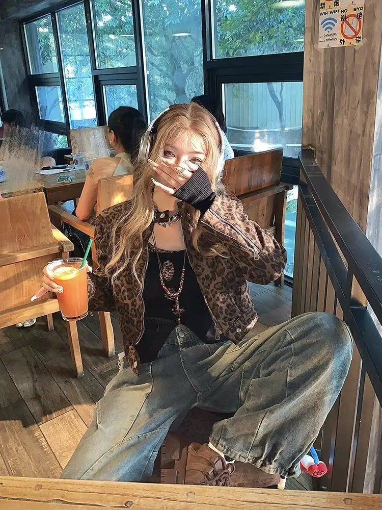 Lunivop Y2k Vintage Two Pieces Tops Women Skinny Leopard Halter Tops + Hollow Out Black Tops Streetwear 2000s Japanese Tshirts