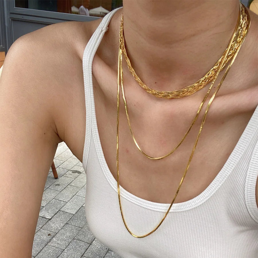 Lunivop New Trendy Simple Golden Silver Plated Long Snake Chain for Women Exquisite Stainless Steel Chain Sweet Elegant Party Jewelry