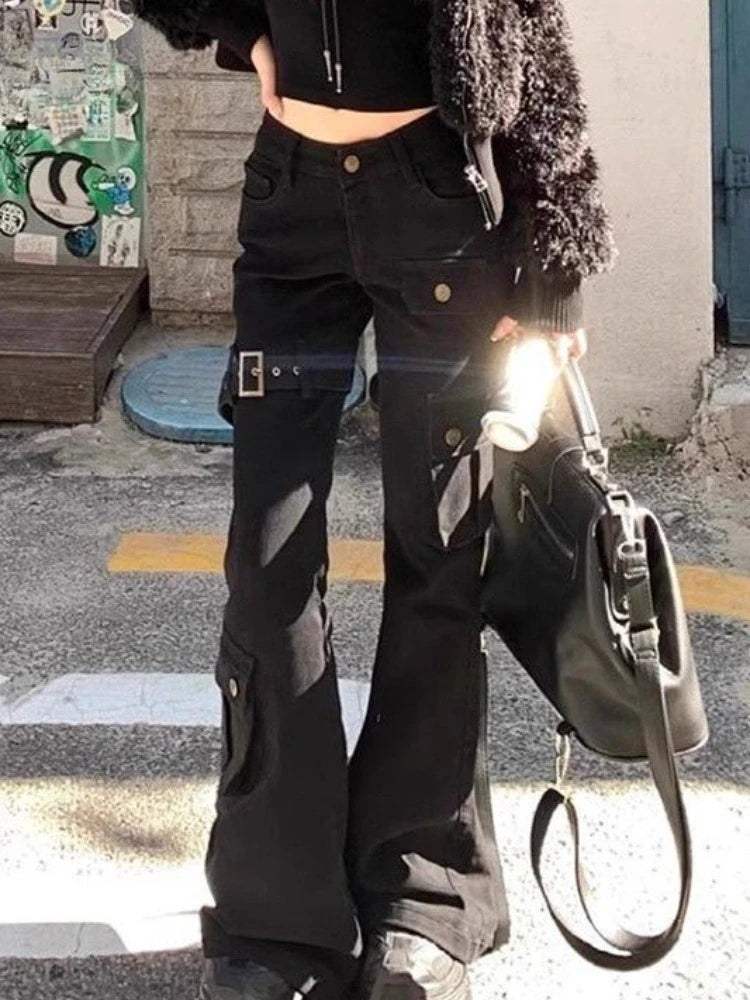 Lunivop  Street Vintage Black Bell Bottom Jeans for Women 2025 Spring New Denim Pants Y2k High Waist Multiple Pockets Trousers