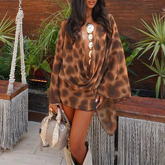 Lunivop  BKLD Vacation Sexy Chic Leopard Print Autumn New Short Dresses Women Full Sleeve Swinging Collar Draped High Waist Vestidos