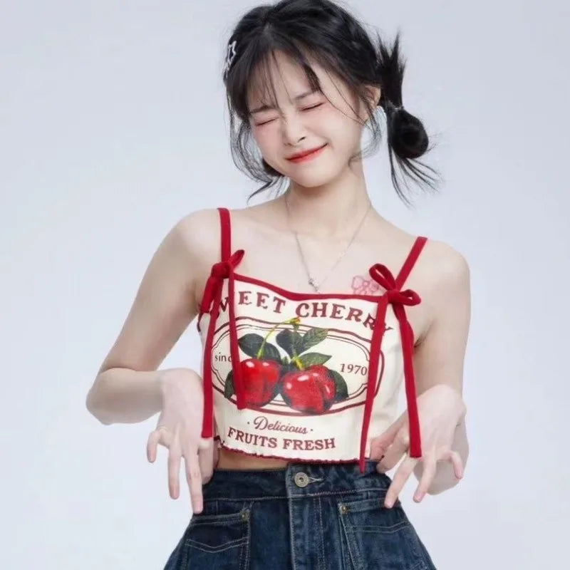 Lunivop  Cherry Print Camisole Vest for Women Y2k Fashion Sexy Slim Fit Crop Top T-shirts 2025 Summer New Strapless Tops Mujer