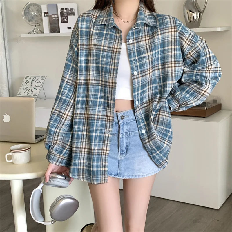 Lunivop Women Tartan Shirt Long Sleeve Collared Button Up Oversized Plaid Shirt Flannel Jacket Grunge Teenage Girl Spring Summer Outfit